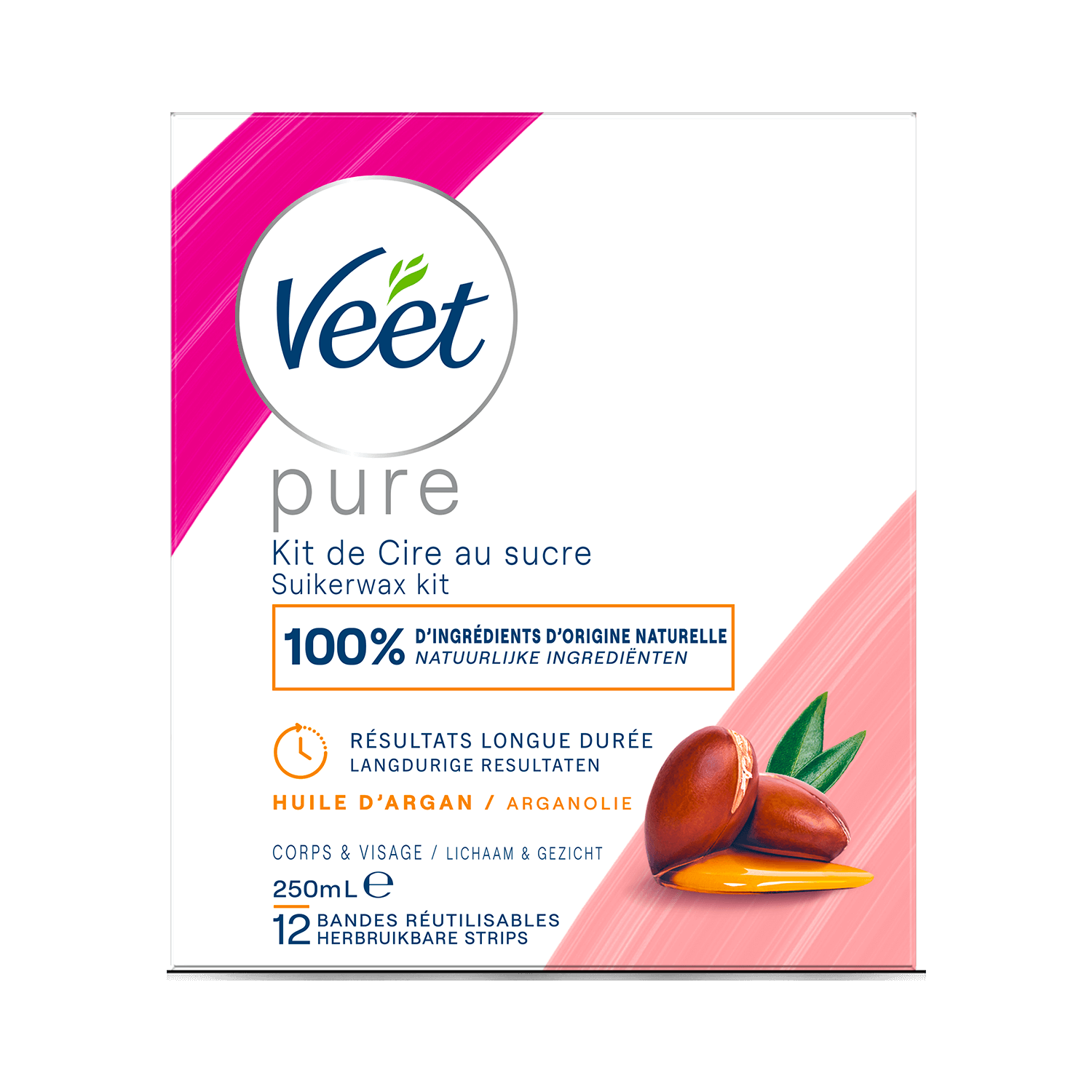 Veet Pure Cire chaude au sucre et huile d’argan – Visage & Corps, 250ml | Veet